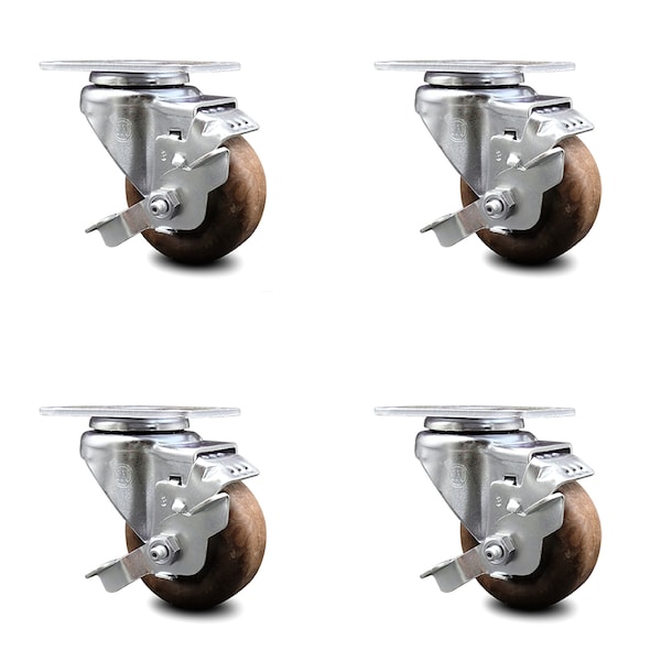 3 Inch High Temp Glass Filled Nylon Wheel Swivel Top Plate Caster Set with Brake
